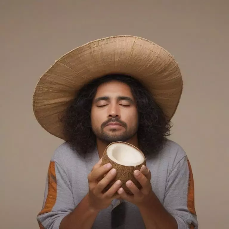 Hombre con sombrero de paja, sosteniendo un coco con ambas manos